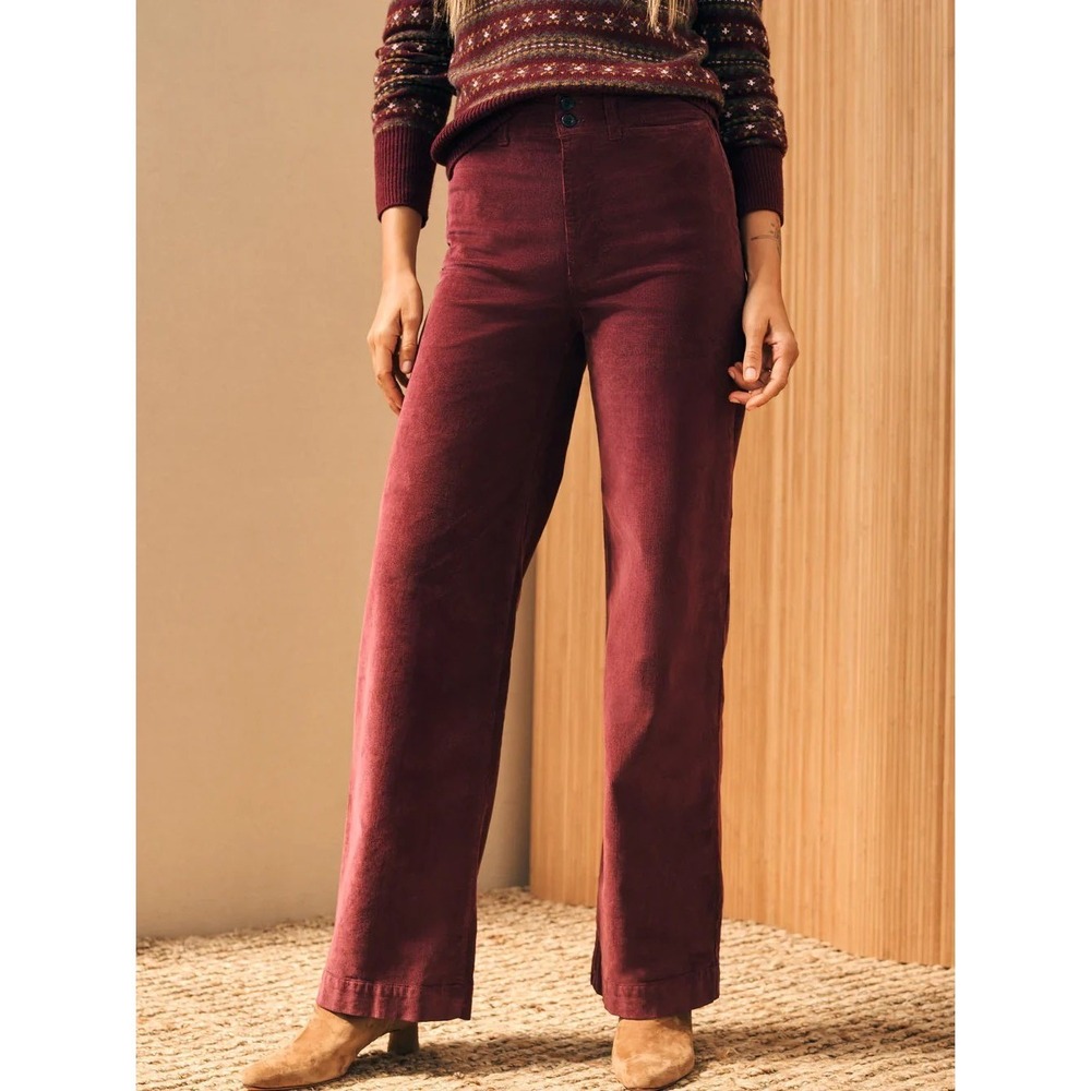 Faherty Stretch Corduroy Wide Leg Pants‎ Women 27 Burgundy High Rise Boho
